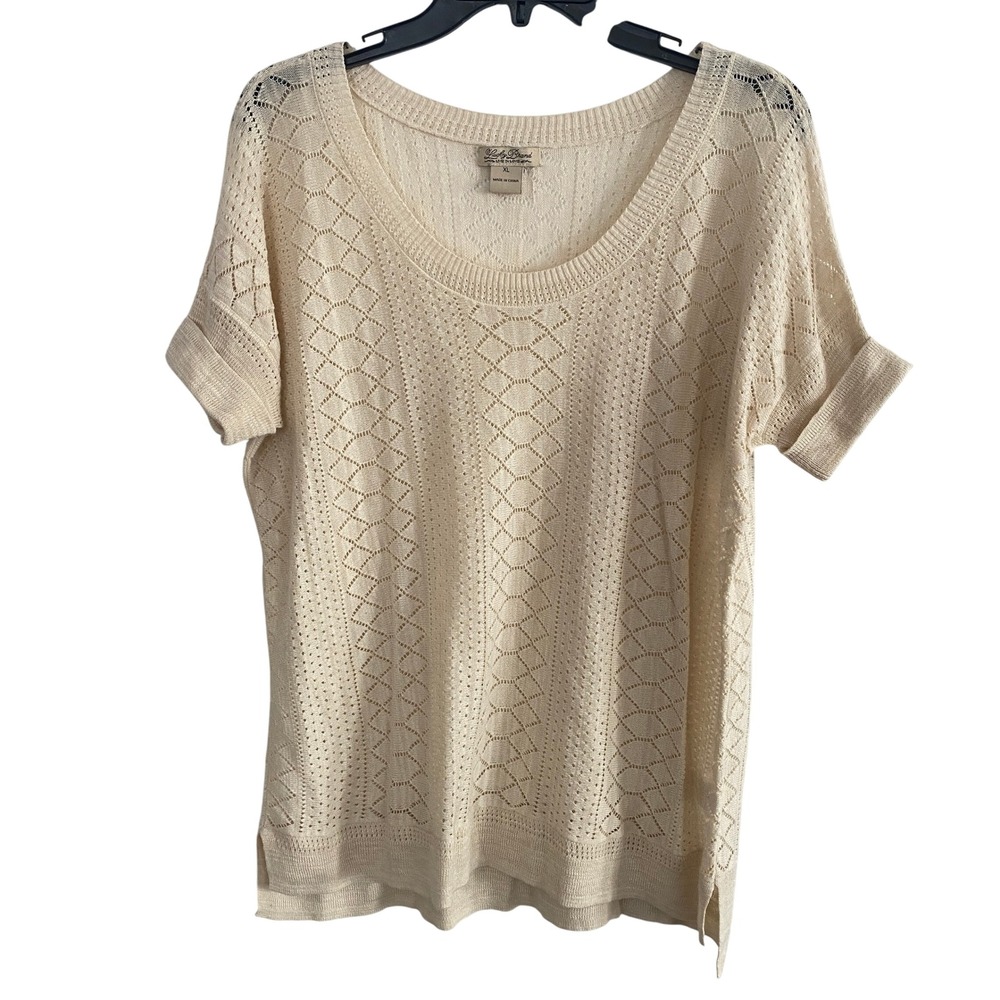 Lucky Brand Women's Top XL Beige Crochet Open Knit Tunic Sweater Boho Chic